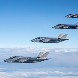 Pictured are four of Britain’s new cutting-edge F-35B aircraft, flying over the UK in June 2018.