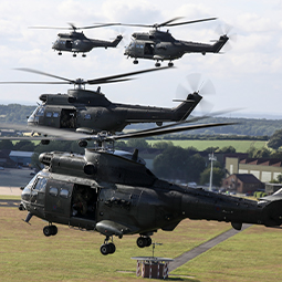 Image shows Pumas from 33 sqn and 230 sqn at RAF Benson during the Puma 50 flypast.