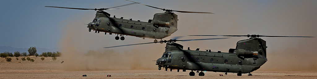 Chinook helicopters practising desert operations.